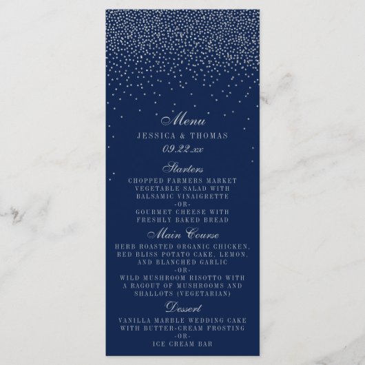 Menu Navy Blue & Glam Silver Confetti Wedding (Voorkant)