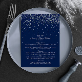 Menu Navy Blue & Glam Silver Confetti Wedding