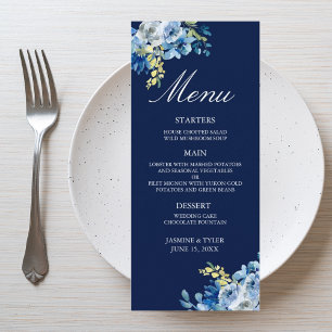 Menu Navy Blue Gold Floral Elegant Evening Wedding