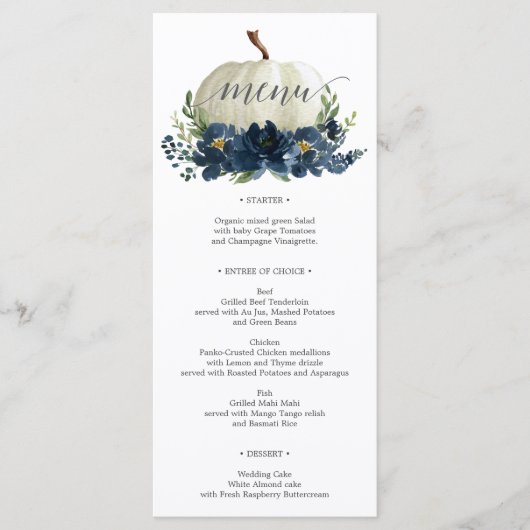 Menu Navy Blue Pumpkin-valsbruiloft of Shower (Voorkant)