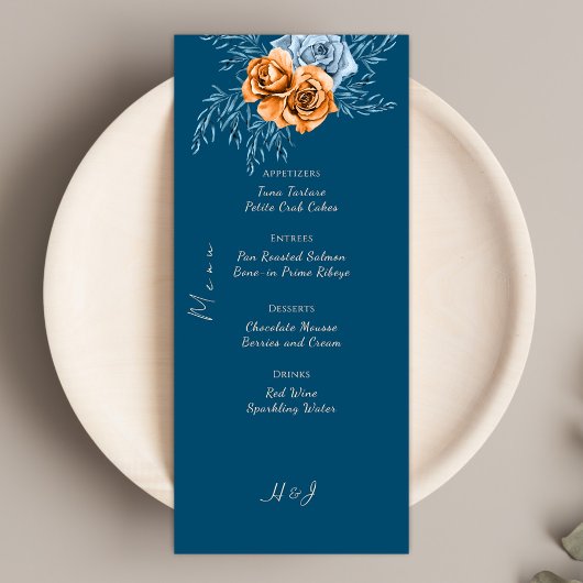 Menu Navy Blue Rustic Chic Indigo Rust Floral Mariage