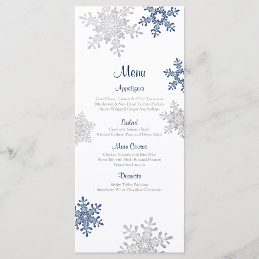 Menu Navy Blue Silver Snowflake Winter Wedding (Voorkant)