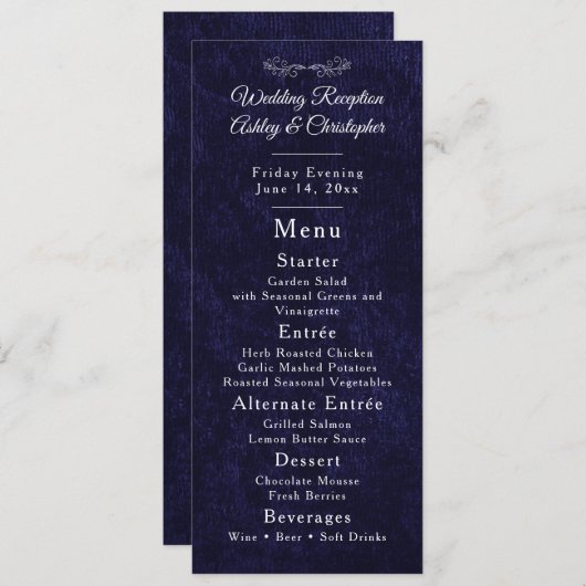 Menu Navy Blue White Script Wedding Reception  (Devant / Derrière)