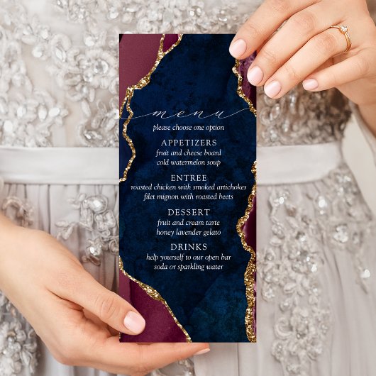 Menu Navy, Bourgogne & Gold Agate Wedding
