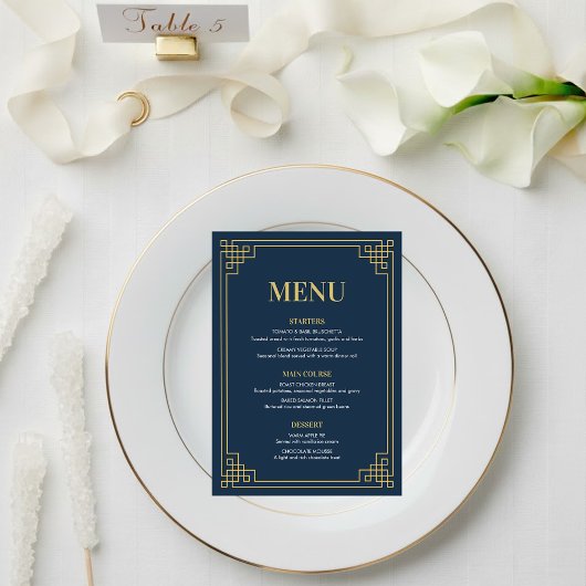 Menu Navy Gold Art Deco 80th Birthday Dinner Party