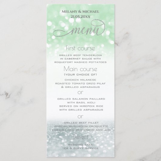 Menu Néo mint argent chic calligraphie pailletée tendan (Devant)