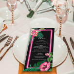 Menu Neon Pink Tropical Retro Botanical Mariage<br><div class="desc">Une botanique tropicale néon rose moderne et rétro sur un arrière - plan noir. Un beau design mariage idéal pour l'été. Design plante tropical néon rose parfait avec palmiers, fleurs d'Hibiscus roses et fleurs de Plumerias Frangipanis. Les couleurs noir, rose et vert dominent ce néon rose tropical. La typographie calligraphique...</div>