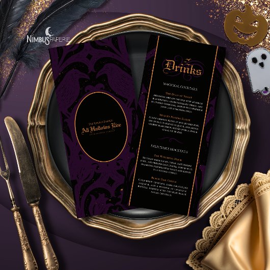 Menu Nevermore Damask | Bar gothique Halloween prune fo