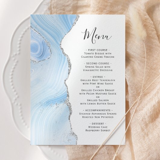 Menu Noces Agate Géode Bleu Bébé Paillettes Argentées