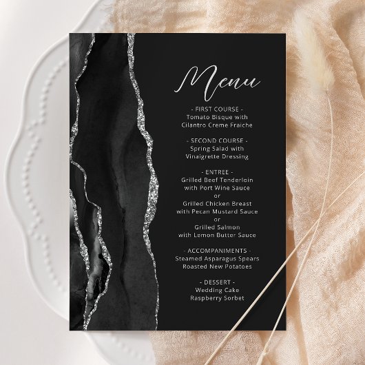 Menu Noces Moderne Écriture Sombre Agate Argentée