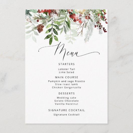 Menu Noël hiver mariage à feuillage persistant (Devant)