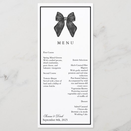 Menu Nœud Ruban Mariage Classique Noir & Blanc (Devant)