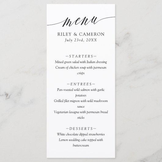 Menu Noir Blanc Delicate Calligraphie Mariage élégant (Devant)