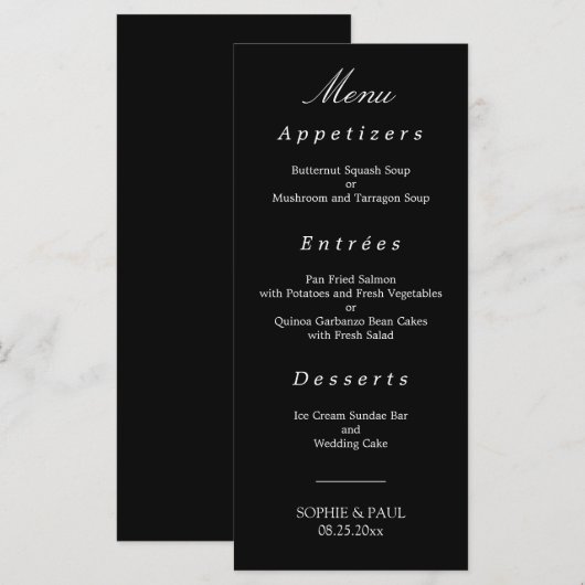 Menu Noir Blanc Élégant Mariage (Devant / Derrière)