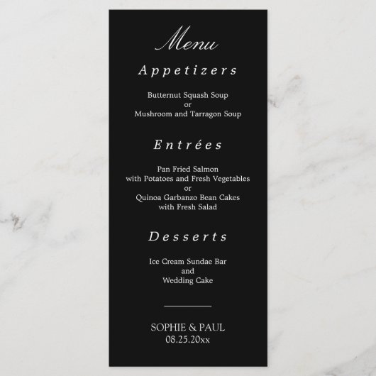 Menu Noir Blanc Élégant Mariage (Devant)