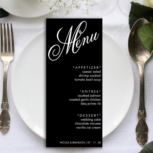 Menu Noir & Blanc Élégant Script Mariage Réception