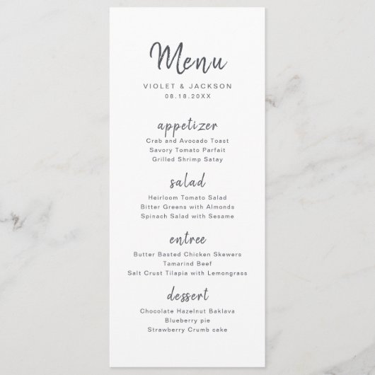 Menu Noir blanc minimaliste manuscrit mariage (Devant)