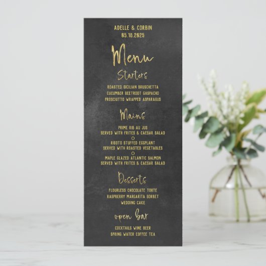 Menu Noir Chalkboard & Gold Falligraphy Script (Debout devant)