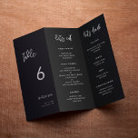 Menu noir contemporain et numéro de table triplé<br><div class="desc">Tripler le menu mariage et le numéro de table : tout en un, il suffit de plier la feuille de papier en 3 pour obtenir votre menu debout. Une typographie audacieuse et tendance pour votre papeterie mariage, simple mais élégante avec un thème noir et blanc. Entièrement personnalisable : vous pouvez...</div>