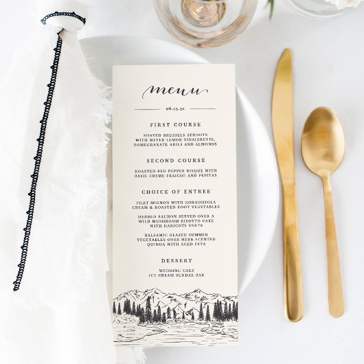Menu Noir de cendre | Mariage d'esquisse de montagne