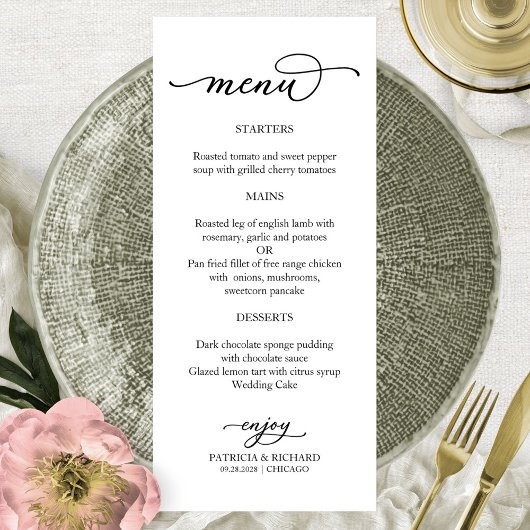 Menu noir et blanc calligraphié élégant