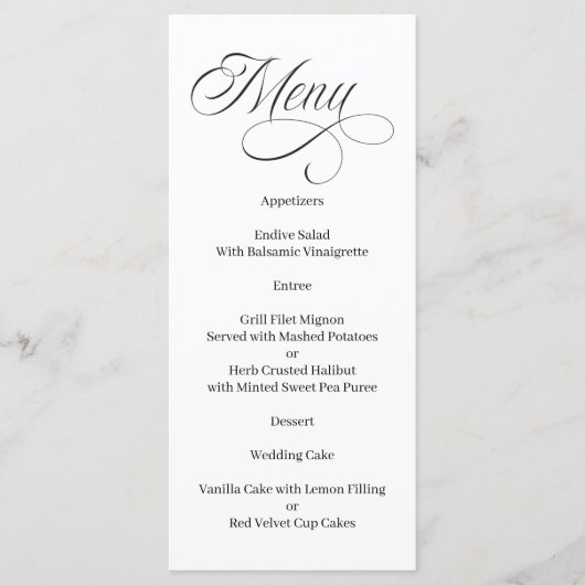 Menu noir et blanc calligraphié élégant (Devant)