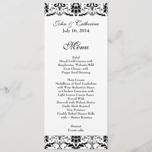Menu noir et blanc chic de Tableau de mariage (Devant)