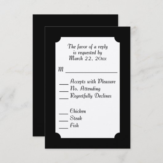 Menu noir et blanc classique RSVP (Devant / Derrière)