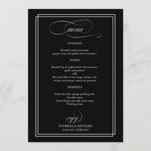 Menu Noir Et Blanc Élégant Mariage (Devant)