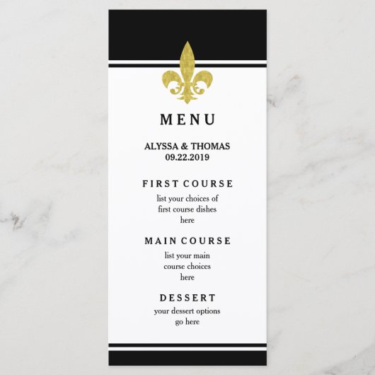 Menu noir et blanc Fleur de Lis Or élégant (Devant)