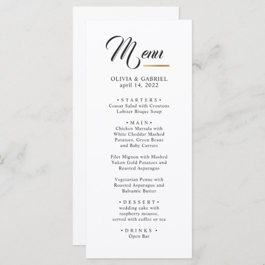 Menu Noir et blanc. Mariage classique simple (Devant / Derrière)