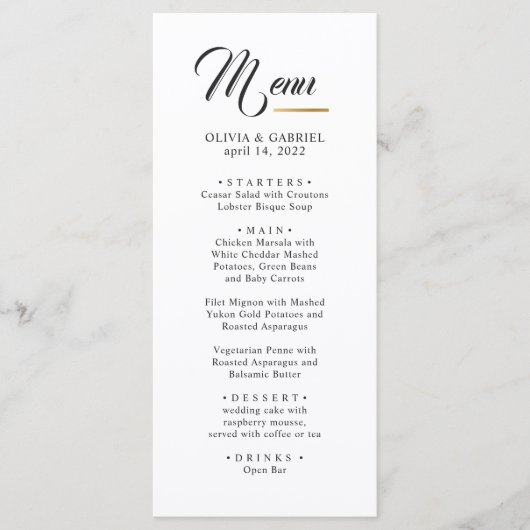 Menu Noir et blanc. Mariage classique simple (Devant)