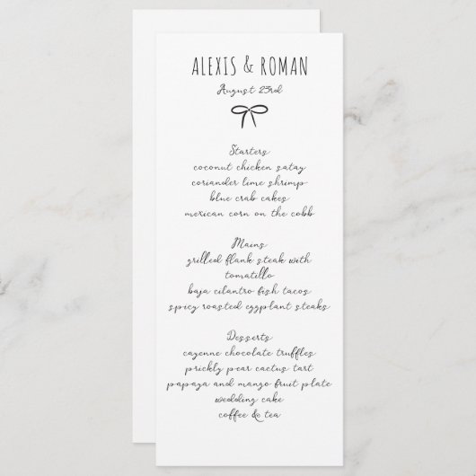 Menu Noir et blanc Simple Bow manuscrit (Devant / Derrière)