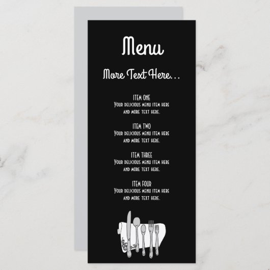 Menu Noir et blanc Verware Editable Design 4" x 9" (Devant / Derrière)
