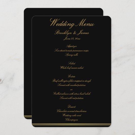 Menu Noir Et Or Élégant Mariage (Devant / Derrière)