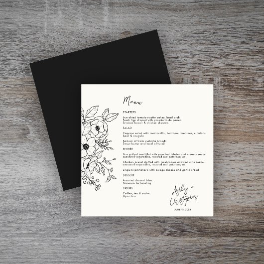 Menu Noir floral minimal sur Mariage blanc