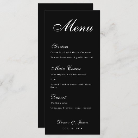 Menu Noir Mariage Simple Blanc Script Calligraphie (Devant / Derrière)