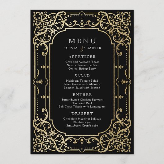 Menu Noir & or élégant mariage romantique vintage (Devant)