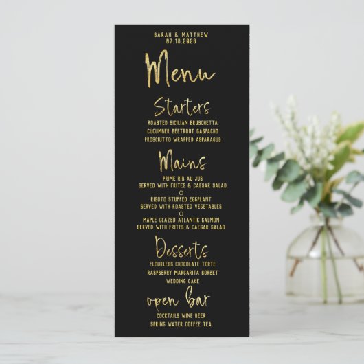 Menu Noir & Or Script Calligraphie Mariage classique (Debout devant)