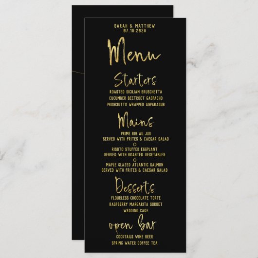 Menu Noir & Or Script Calligraphie Mariage classique (Devant / Derrière)
