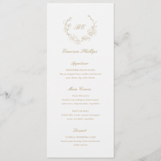 Menu Nom de l'invité Monogramme Or Mariage Élégant (Devant)