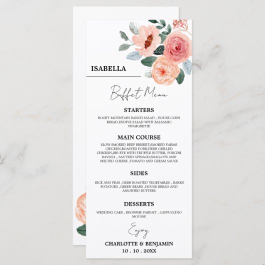 Menu Nom d'invité personnalisé Floral Mariage Buffet Me (Devant / Derrière)