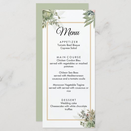 Menu Nuances de Mariage de Sage (Devant / Derrière)