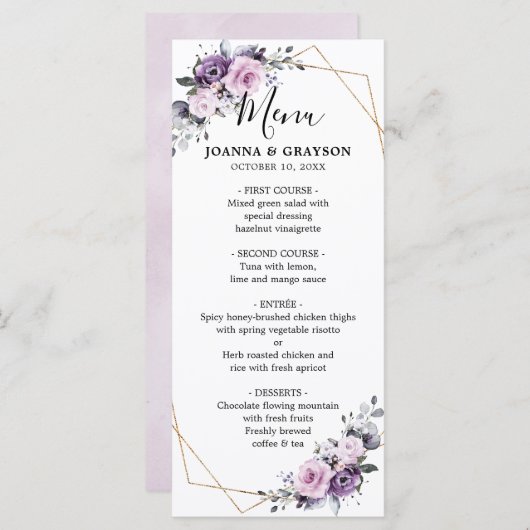 Menu Nuances de pourpre Dusty Blooms Mariage géométriqu (Devant / Derrière)