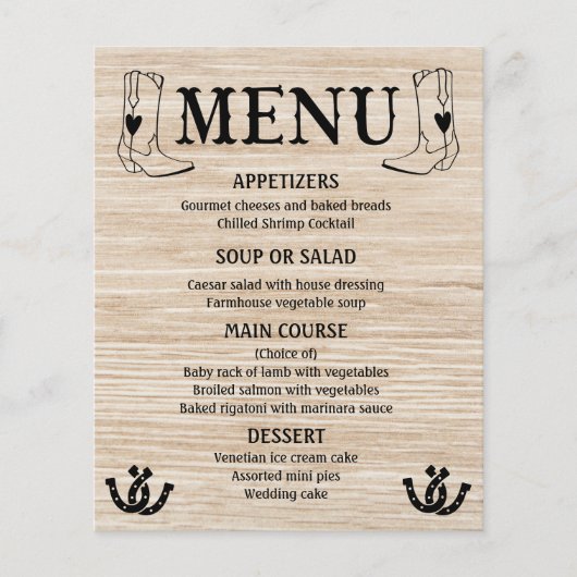 Menu Occidental Mariage campagnard Cowboy Boots Bo (Devant)