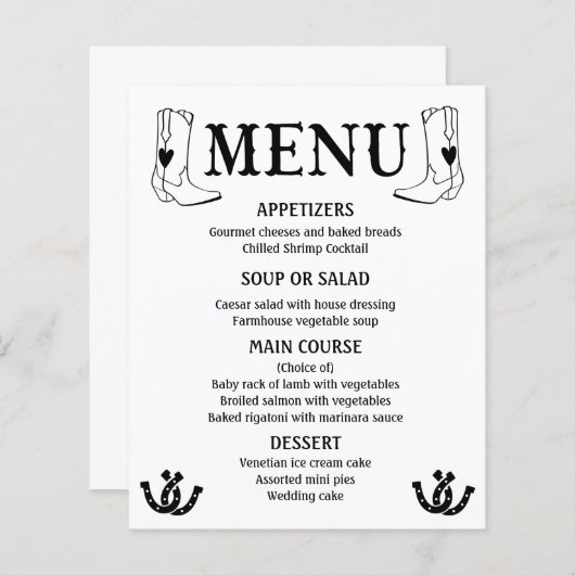 Menu Occidental Mariage campagnard Cowboy Boots No (Devant / Derrière)