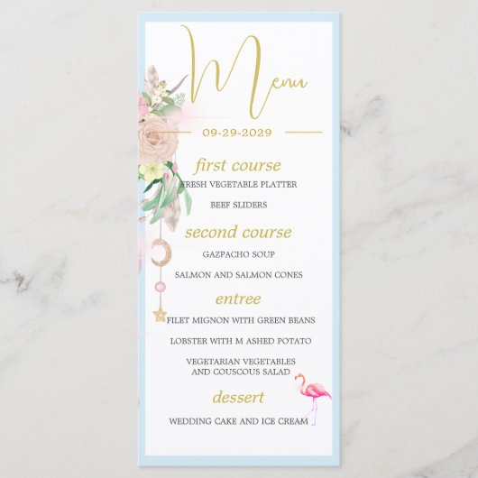 Menu Ocean Sea Flamant rose Floral Bijoux Pink Mariage (Devant)