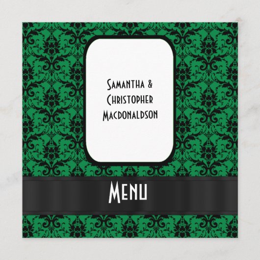 Menu officiel damassé noir et vert mariage (Devant)
