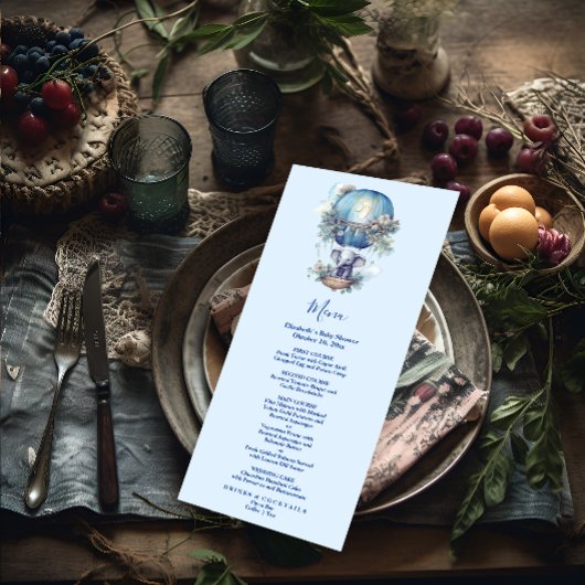 Menu Oh garçon bleu aquarelle baby shower d'éléphant