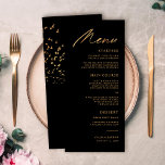 Menu Oiseaux élégants d'un Mariage en plumes noir et or<br><div class="desc">Ces menus élégants et joliment mariages sont faciles à customiser ! Elles sont ornées d'une lecture stylisée de topographie,  de "Menu" en feuille d'or imitation,  ainsi que d'un troupeau d'oiseaux sur le dos en feuille d'or imitation.</div>